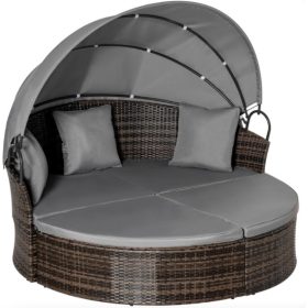   Polirattan luxus kanapészett napellenzővel 171x180x155 cm napozósziget barna-szürke