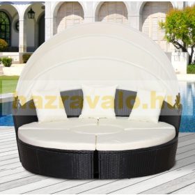   Polirattan luxus kanapészett napellenzővel 180x175x147 cm napozósziget fekete-bézs