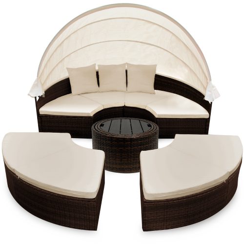 Polirattan luxury sofa with parasol and cushions Ø185 cm furniture set brown-beige