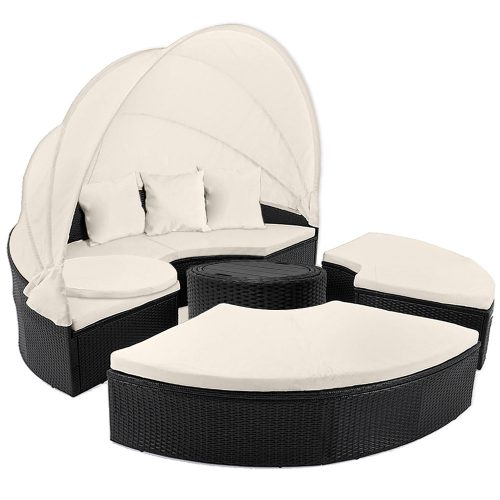 Polirattan luxury sofa with parasol and cushions Ø185 cm furniture set black-beige