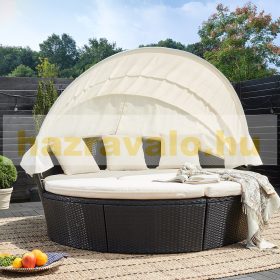   Polirattan luxus kanapészett napellenzővel párnákkal Ø185 cm bútorgarnitúra fekete-bézs