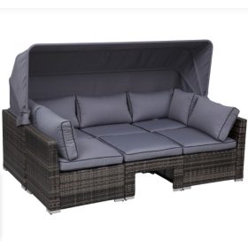   Polirattan luxus kanapészett napellenzővel 215x75x64 cm kerti ülőgarnitúra