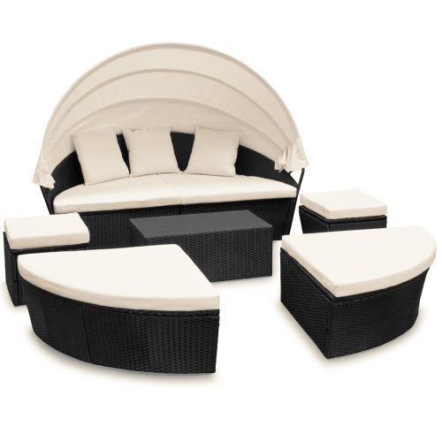 Polirattan luxury sofa with awning and cushions, sunning island black-beige
