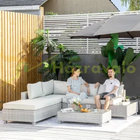   3 részes kerti bútor garnitúra, kerti lounge, kerti ülőgarnitúra, PE-rattan időjárásálló szürke-bézs