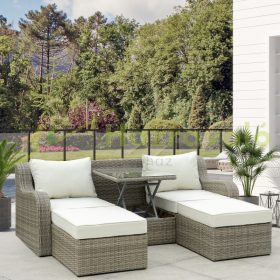   3 részes Luxus polirattan kerti bútor garnitúra világosszürke-bézs kültéri kanapé, napozóágy