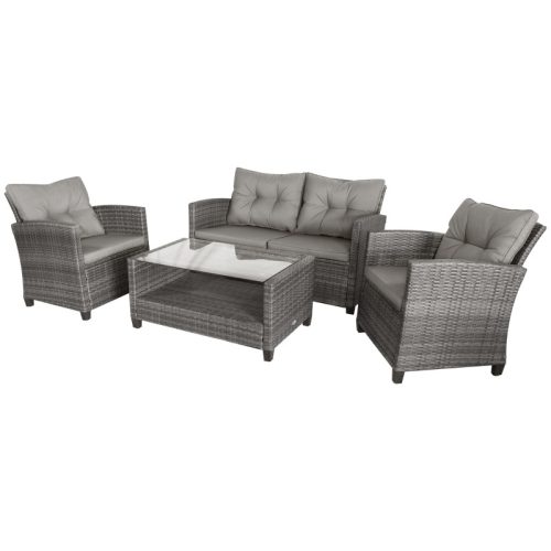 4-piece polyrattan garden furniture set with sofa, coffee table, gray seat cushions