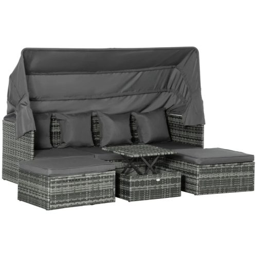4-part polyrattan lounge set with fold-out parasol and cushions garden furniture gray