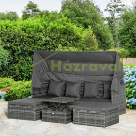   4 részes polirattan Lounge garnitúra kihajtható napernyővel, párnákkal kerti bútor szürke