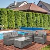 4-piece polyrattan garden furniture set with sofa, coffee table, gray seat cushions