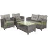 4-piece polyrattan garden furniture set with sofa, coffee table, gray seat cushions