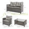 4-piece polyrattan garden furniture set with sofa, coffee table, gray seat cushions