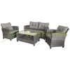 4-piece polyrattan garden furniture set with sofa, coffee table, gray seat cushions