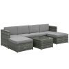 7-piece polyrattan garden furniture set, garden set, seating set with footrest, seat cushions, gray