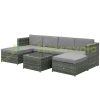 7-piece polyrattan garden furniture set, garden set, seating set with footrest, seat cushions, gray