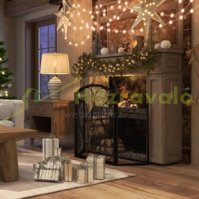   Kandallórács szikravédő 66x31x81 cm összecsukható hárompaneles vintage design fekete kandallóvédő paraván