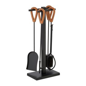   5 részes kandallófelszerelés bőr fogantyúkkal fekete kandallóeszközök fémből kandallószerszámok állvánnyal