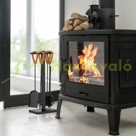   5 részes kandallófelszerelés bőr fogantyúkkal fekete kandallóeszközök fémből kandallószerszámok állvánnyal