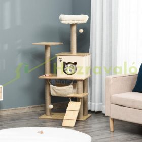   Fa macska kaparó 60x40x130 cm kaparófa natúr többszintes macskabútor macskaházzal és játékkal