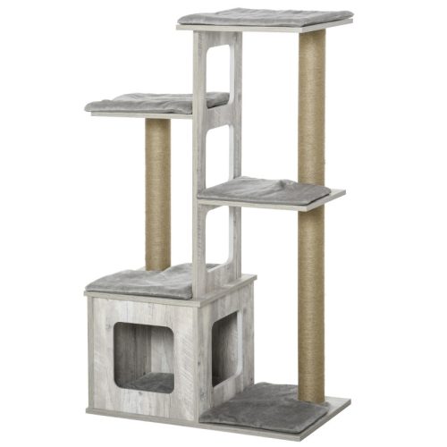 Wooden cat scratching post 67x38x114 cm scratching post with cat house, gray multi-level cat furniture