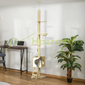   Macska kaparó állítható magasságú 40x40x240-260 cm kaparófa világosbarna többszintes macskabútor macskaház
