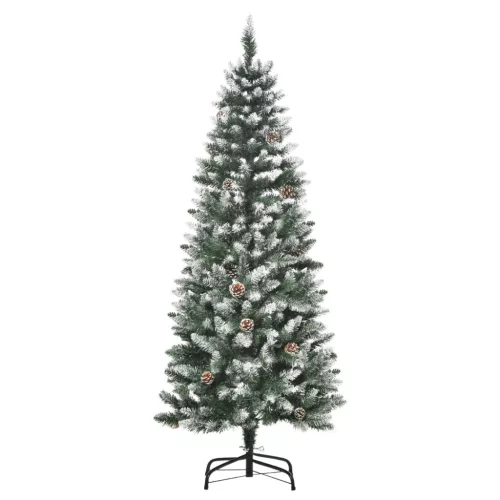 Műfenyő 150 cm 630 ág, 37 toboz, havas ágú karácsonyfa tűzálló kivitel