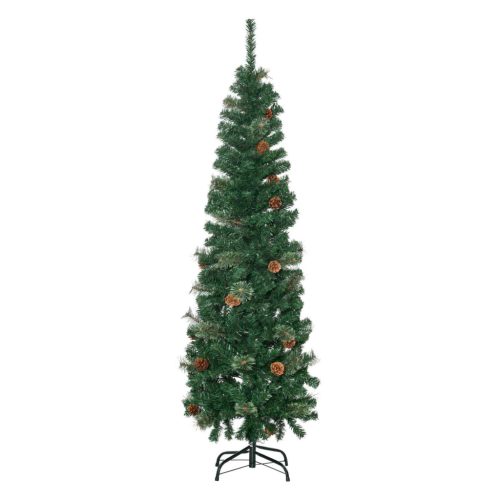 Műfenyő 46x165 cm keskeny karácsonyfa tobozokkal, lángálló ágakkal, stabil talppal, zöld