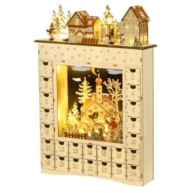   Fa adventi naptár LED-világítással 36x9x52 cm 24 fiókos, újratölthető karácsonyi öröknaptár natúr fa