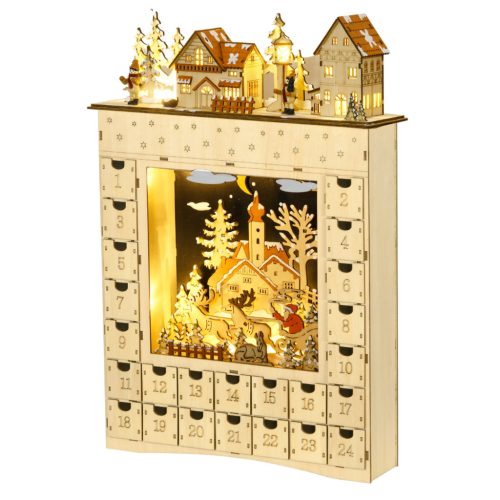 Fa adventi naptár LED-világítással 36x9x52 cm 24 fiókos, újratölthető karácsonyi öröknaptár natúr fa