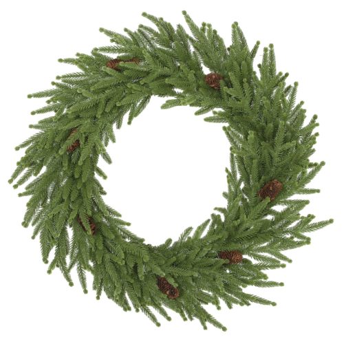 Műfenyő karácsonyi ajtókoszorú 60 cm átmérő, 88 ággal, 7 tobozzal zöld színben