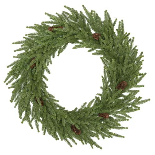 Műfenyő karácsonyi ajtókoszorú 60 cm átmérő, 88 ággal, 7 tobozzal, tűzálló anyagból, zöld színben