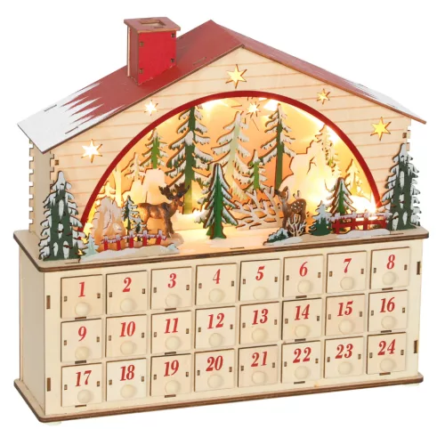 Fából készült adventi kalendárium LED világítással 24 fiókos 36x10x34 cm újratölthető karácsonyi naptár 