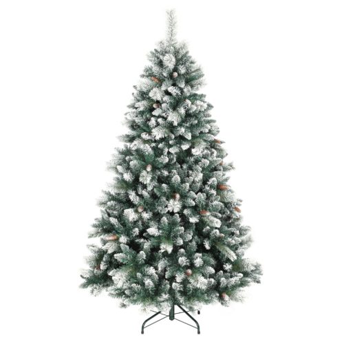 Műfenyő karácsonyfa 180 cm magas, havas hatású, 1000 ággal, 34 tobozzal, fém talppal