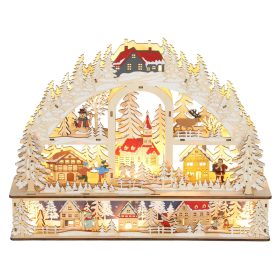   Fából készült karácsonyi falu LED világítással 45 cm-es, 3 szintes, természetes fa dísz rénszarvassal és házikókkal