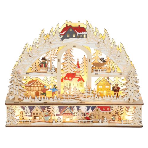 Fából készült karácsonyi falu LED világítással 45 cm-es, 3 szintes, természetes fa dísz rénszarvassal és házikókkal