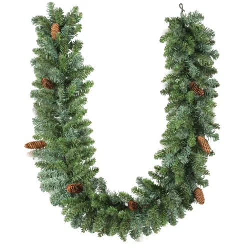 Karácsonyi műfenyő girland 180 cm hosszú, 162 ágas, 8 tobozzal díszített, zöld színű, hajlítható vázas dekoráció
