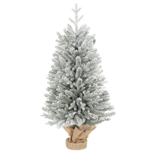 Mini műfenyő karácsonyfa 90 cm magas, 486 ágas, havas hatású, beton talppal és lenvászon borítással