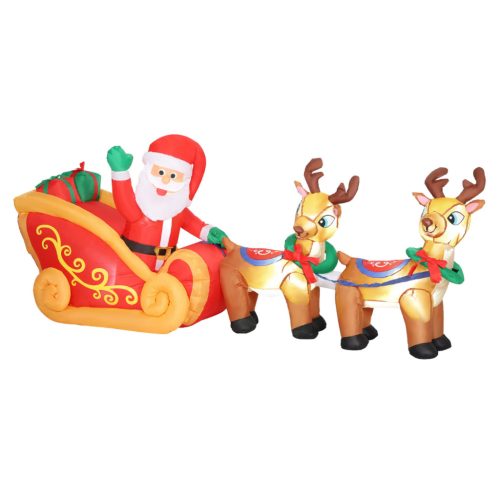 Felfújható Mikulás rénszarvas szánon 2,4 m, LED világítással, IP44 vízálló kültéri dekoráció