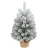 Mini műfenyő karácsonyfa 60 cm magas, havas hatású, 72 ággal, 6 tobozzal, beton talppal és lenvászon borítással