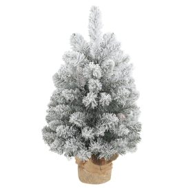   Mini műfenyő karácsonyfa 60 cm magas, havas hatású, 72 ággal, 6 tobozzal, beton talppal és lenvászon borítással