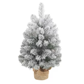   Mini műfenyő karácsonyfa 60 cm magas, havas hatású, 72 ággal, 6 tobozzal, beton talppal és lenvászon borítással