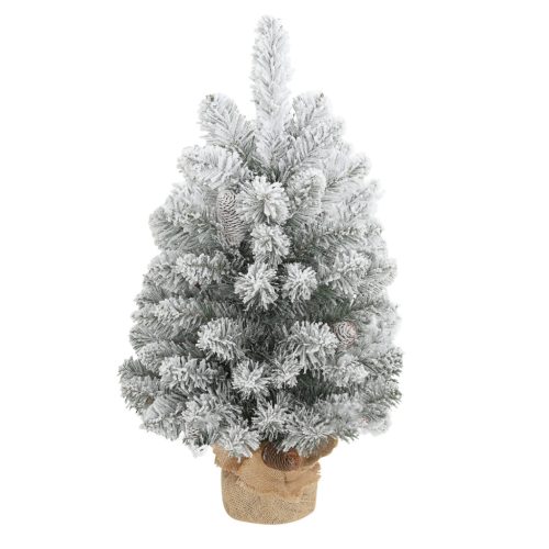 Mini műfenyő karácsonyfa 60 cm magas, havas hatású, 72 ággal, 6 tobozzal, beton talppal és lenvászon borítással