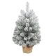 Mini műfenyő karácsonyfa 60 cm magas, havas hatású, 72 ággal, 6 tobozzal, beton talppal és lenvászon borítással