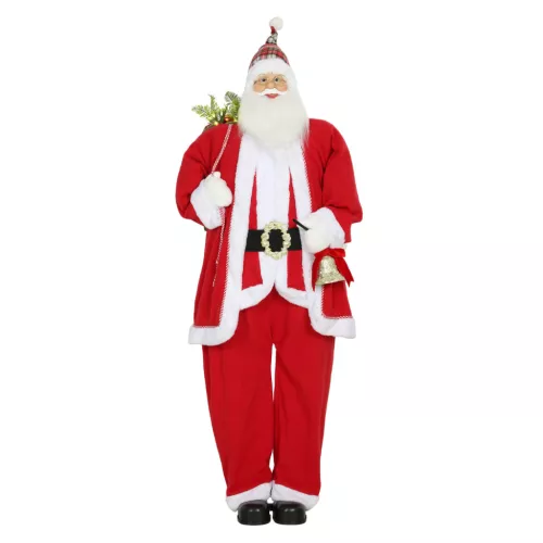 Éneklő és mozgó Mikulás figura 160 cm magas, LED-es ajándékzsákkal és haranggal, hangra aktiválódó