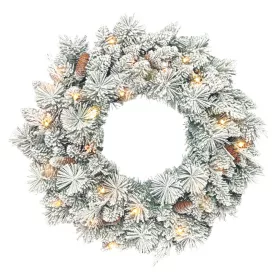   Világító műfenyő karácsonyi ajtókoszorú 60 cm, 35 melegfehér LED-del, havas ágakkal és tobozokkal