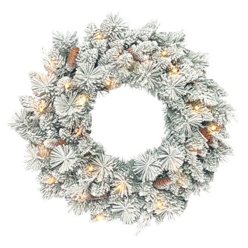 Világító műfenyő karácsonyi ajtókoszorú 60 cm, 35 melegfehér LED-del, havas ágakkal és tobozokkal