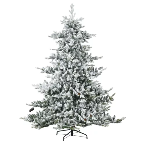 Műfenyő 180 cm havas hatású karácsonyfa dús koronával, élethű megjelenéssel, tobozokkal díszítve