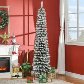 Műfenyő 210 cm havas hatású karácsonyfa keskeny kialakítású, lángálló műfenyő zöld/fehér