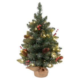   Műfenyő 60 cm LED-es mini havas hatású karácsonyfa, tobozokkal és vörös bogyókkal, stabil talppal
