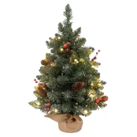   Műfenyő 60 cm LED-es mini havas hatású karácsonyfa, tobozokkal és vörös bogyókkal, stabil talppal