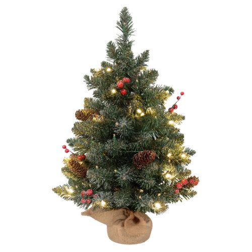 Műfenyő 60 cm LED-es mini havas hatású karácsonyfa, tobozokkal és vörös bogyókkal, stabil talppal
